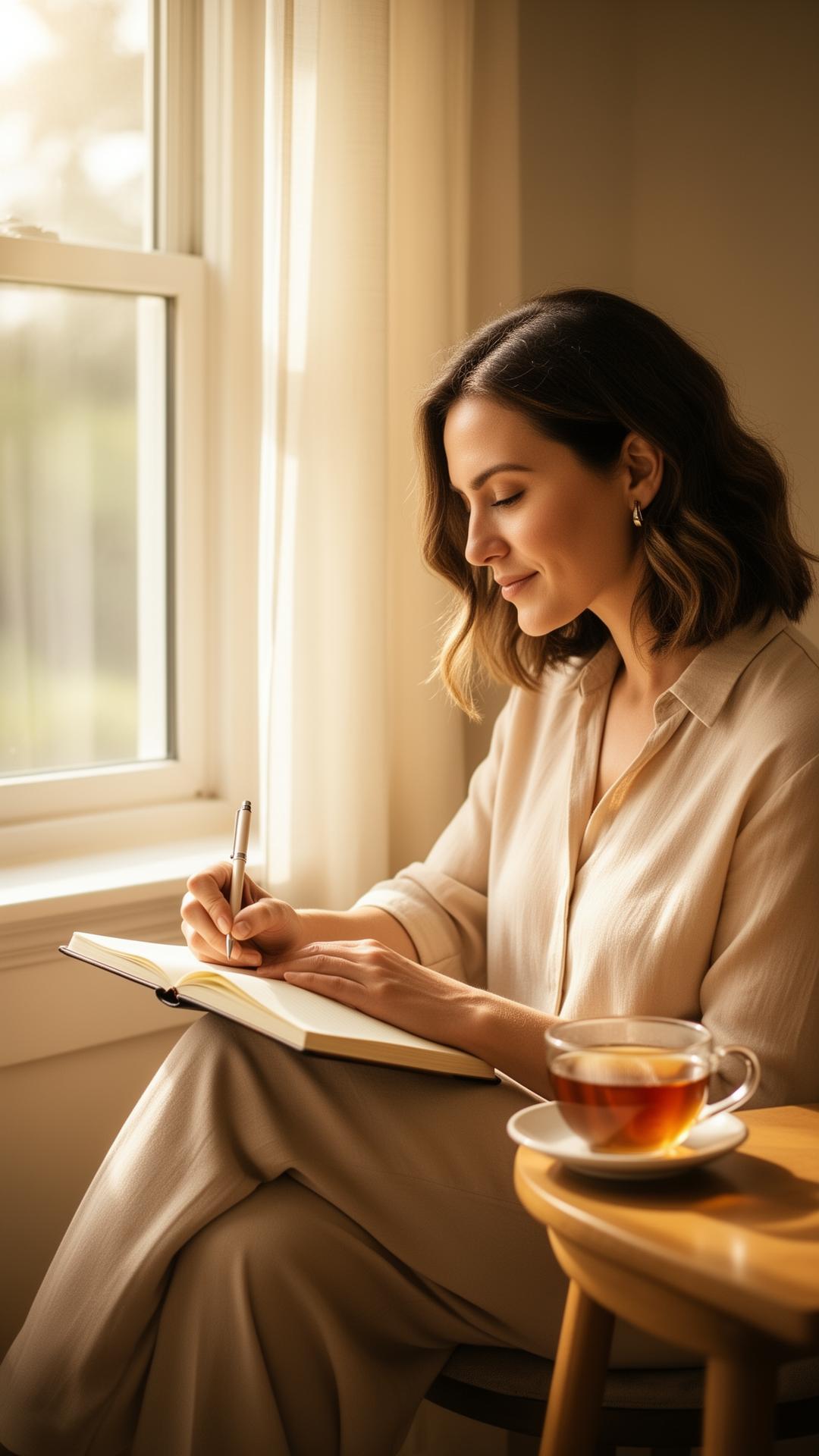 A working woman journaling quietly by a sunlit window